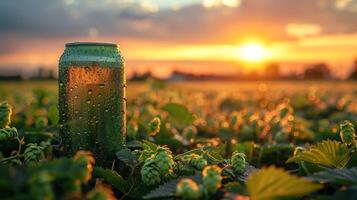 uma verde pode do Cerveja dentro uma pulo campo, baixo ângulo visualizar. gerado de artificial inteligência. foto