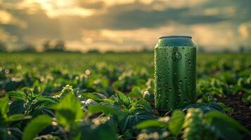 uma verde pode do Cerveja dentro uma pulo campo, baixo ângulo visualizar. gerado de artificial inteligência. foto