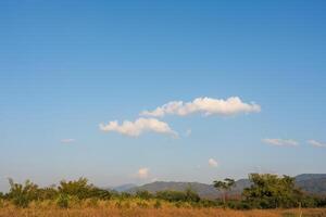 azul céu com branco nuvens e outono Fazenda. campo panorama foto