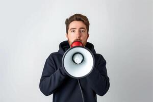 Preto moletom com capuz homem segurando megafone anuncia descontos oferta, homem gritando através uma megafone. isolado em cinzento fundo foto