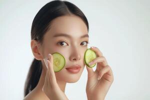 pepino facial mascarar. beleza retrato do jovem mulher fazendo diariamente cuidados com a pele rotina foto