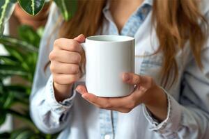 irreconhecível menina é segurando branco caneca dentro mãos foto