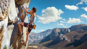 mulher escalar montanha, lado Visão do ativo alpinista foto