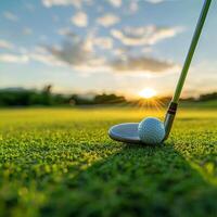 golfe bola em verde debaixo a pôr do sol foto