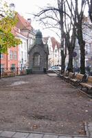 histórico casas em pavimentado rua dentro velho cidade. a medieval arquitetura do pequeno passarela dentro esvaziar ruas e becos. detalhe do edifícios dentro limitar faixa. tallinn, Estônia - fevereiro 6, 2024 foto