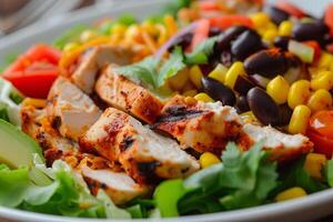 sudoeste frango salada. picante grelhado frango salada com abacate e feijões foto