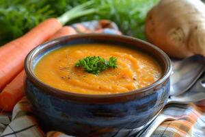 vibrante cenoura gengibre sopa coberto com fresco salsinha foto