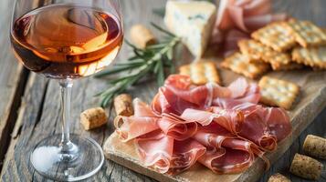 elegante Aperitivo seleção com vinho, prosciutto, e queijo foto