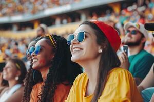 diverso grupo do fãs desfrutando uma Esportes evento, viver jogos foto