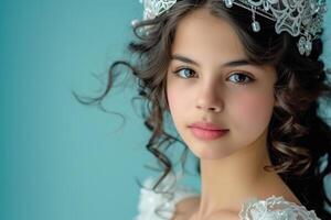 hispânico 15 anos velho beleza rainha dentro coroa , estúdio azul fundo foto