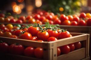 fresco vermelho tomates dentro de madeira caixa, agricultura, agricultura e colheita foto
