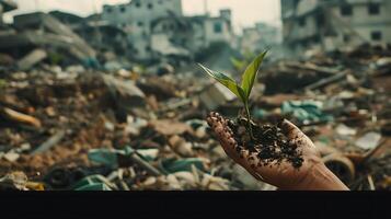 no meio a destroços, Pedregulho e bobagem, uma verde árvore símbolo do esperança parece foto