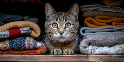 curioso malhado gato encarando a partir de acolhedor tricotado blusas estante foto