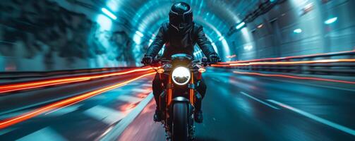 excesso de velocidade motocicleta cavaleiro dentro iluminado túnel às noite foto