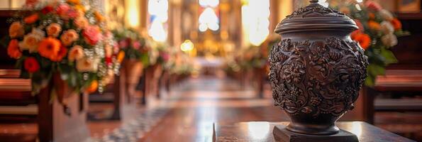 vaso do flores em mesa dentro Igreja foto