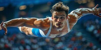 ai gerado a desportista realizando difícil ginástica exercício às academia. a esporte, exercício, ginasta, saúde, treinamento, atleta conceito. caucasiano em forma modelo foto