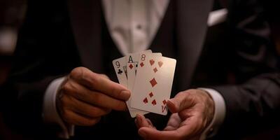 ai gerado mágico mostra truque com jogando cartões. prestidigitação do mão. manipulação com adereços. foto