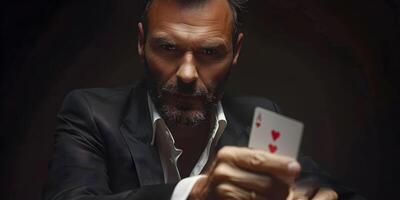 ai gerado mágico mostra truque com jogando cartões. prestidigitação do mão. manipulação com adereços. foto