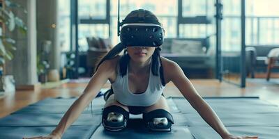 ai gerado mulher experimentando virtual realidade Treinamento corpo e mente meditando sentado em ioga esteira dentro casa vivo quarto para calma, saudável harmonia estilo de vida vestido dentro roupas esportivas. foto