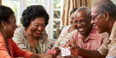 ai gerado Senior homem, amigos e rindo para cartão jogos em de madeira mesa dentro Diversão atividade, social vínculo ou reunião. grupo do feliz idosos homens com cartões para pôquer jogos desfrutando jogar Tempo foto