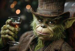 ai gerado grinch é segurando uma vinho foto