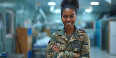 ai gerado retrato, soldado e mulher com braços cruzado, guerra e confiança com proteção, veterano e orgulhoso. face, pessoa e herói com poder, serviço e mentalidade com guerreiro, pronto para exército foto