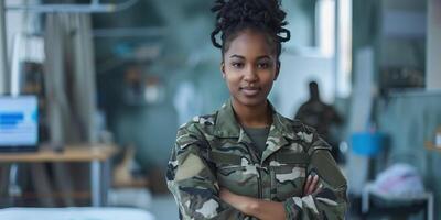 ai gerado retrato do jovem africano americano soldado mulher olhando às Câmera, fechar-se tiro do sério Preto militares fêmea dentro camuflar uniforme em pé dentro de casa com agressivo face expressão foto