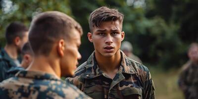 ai gerado multirracial jovem soldados dentro militares uniforme em repouso em alcance foto