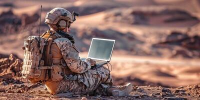 ai gerado concentrado jovem programador soldado sentado em terra e trabalhando com computador portátil enquanto analisando exército rota foto