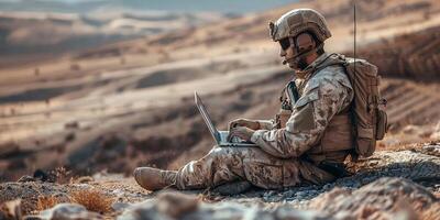 ai gerado concentrado jovem programador soldado sentado em terra e trabalhando com computador portátil enquanto analisando exército rota foto