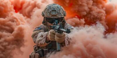 ai gerado bravo soldado com rifle contra fogo explosões e fumaça foto