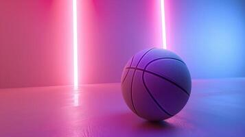 ai gerado basquetebol bola com brilhando linhas em colorida azul e Rosa néon luz fundo. futurista esporte conceito. 3d Renderização foto