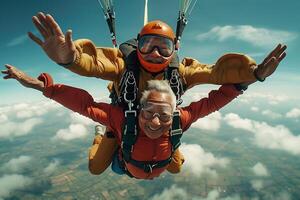 ai gerado bonita mulher é vôo tandem skydive dentro a céu. foto