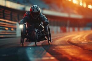 ai gerado concorrência Esportes cadeira de rodas corrida dentro movimento borrão foto