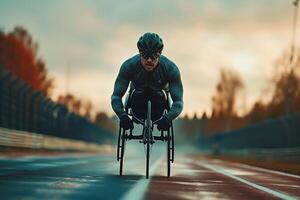 ai gerado concorrência Esportes cadeira de rodas corrida dentro movimento borrão foto