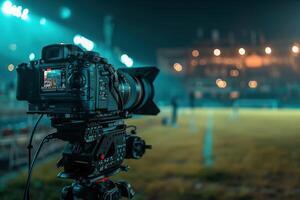 ai gerado televisão Câmera às a estádio durante futebol partidas. televisão Câmera durante a futebol Combine foto