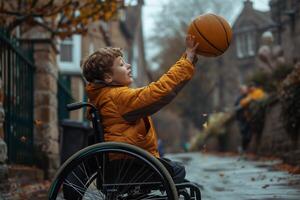 ai gerado feliz basquetebol jogador com incapacidade usa cadeira de rodas enquanto jogando em ao ar livre Esportes tribunal. foto