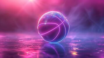 ai gerado basquetebol bola com brilhando linhas em colorida azul e Rosa néon luz fundo. futurista esporte conceito. 3d Renderização foto