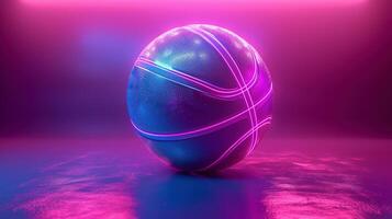 ai gerado basquetebol bola com brilhando linhas em colorida azul e Rosa néon luz fundo. futurista esporte conceito. 3d Renderização foto