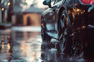 ai gerado borrado fundo outono auto chuva em a estrada noite luzes e pingos de chuva dentro a outono tráfego geléia em a estrada, urbano estilo tráfego foto