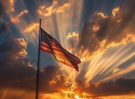 ai gerado americano bandeira dentro frente do brilhante céu foto