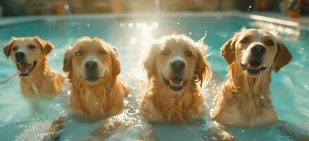 ai gerado pequeno cachorro é pulando para dentro a piscina e a de outros cachorro é assistindo foto