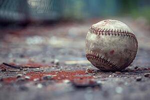 ai gerado velho desgastado couro beisebol em madeira com luz foto