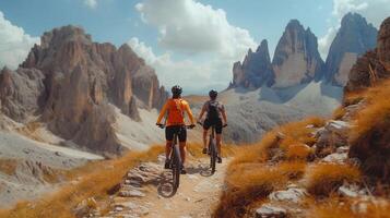 ai gerado ciclismo mulher e homem equitação em bicicletas dentro dolomites montanhas escape. casal ciclismo mtb enduro trilha acompanhar. ao ar livre esporte atividade. foto