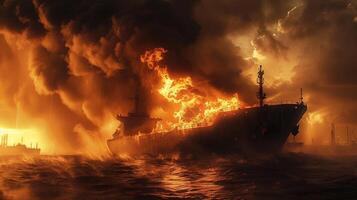 ai gerado fogo em uma carga enviar. uma navio carregando liquefeito gás é engolido dentro chamas. explosão e fogo em uma gás transportadora em a Alto mares. 3d Renderização foto