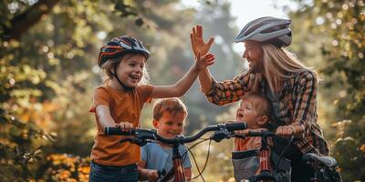 ai gerado sorridente família com seus bicicletas dentro uma parque foto