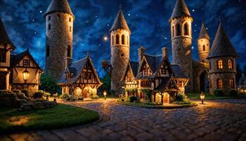 miniatura cena do fantasia medieval construção Vila às noite, foto