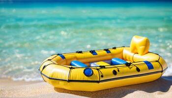 miniatura cena do jangada resgate flutuador barco e areia de praia ilha, foto