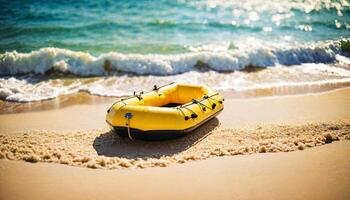 miniatura cena do jangada resgate flutuador barco e areia de praia ilha, foto