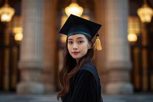 ai gerado ásia Faculdade graduado aluna em pé dentro frente do universidade construção foto